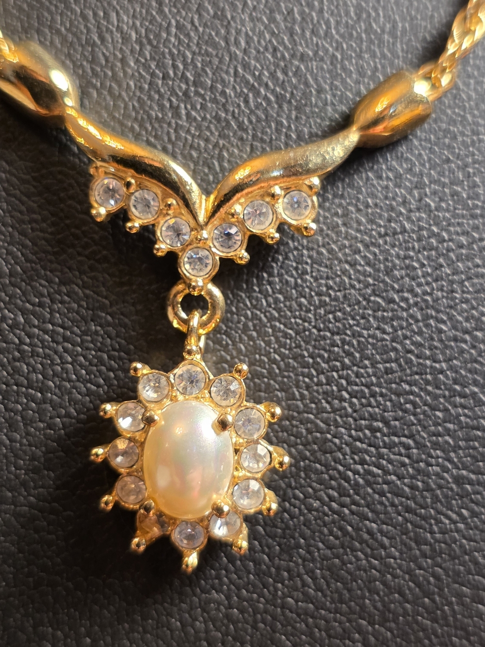 Gold-Tone Opal Pendant Necklace with Clear Crystal Halo